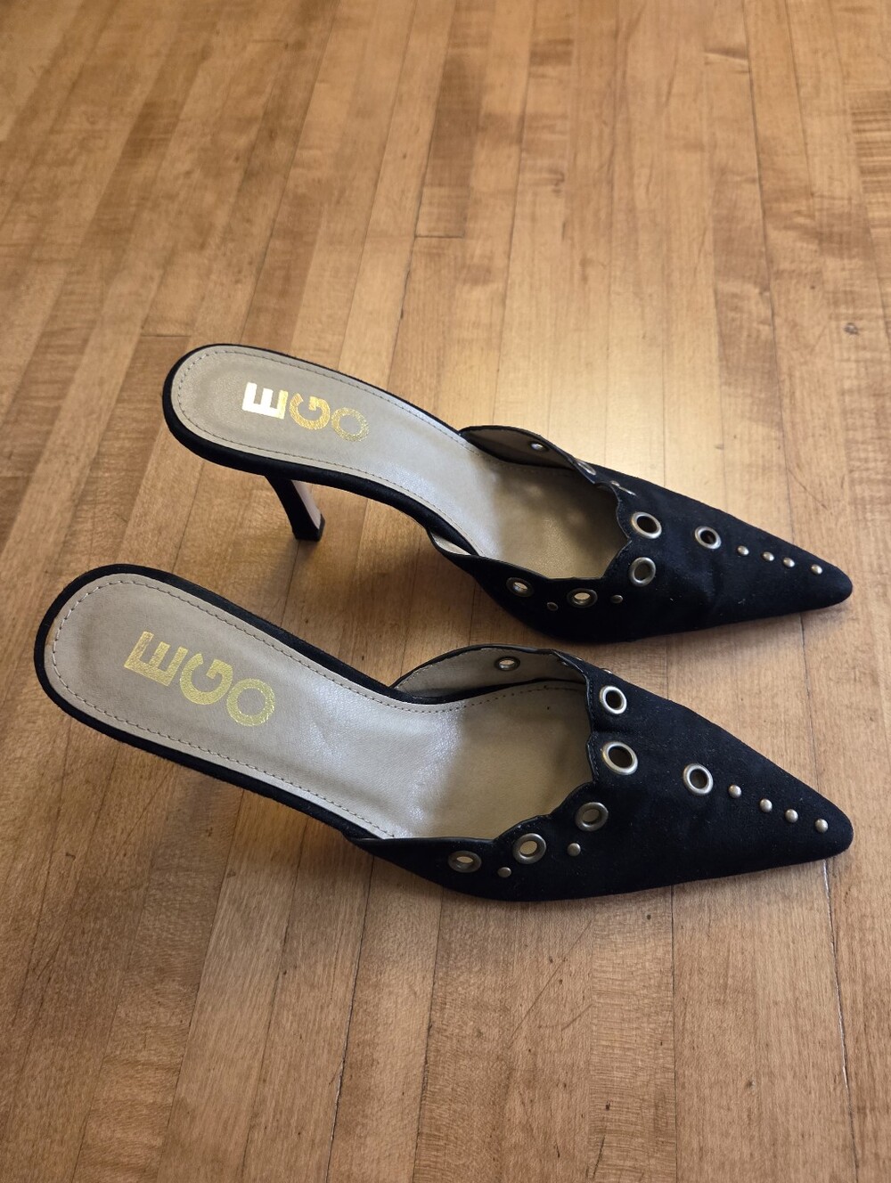 EGO Black Strapless Suede Kitten Heel With Grommet Detail Size UK 6 US 8